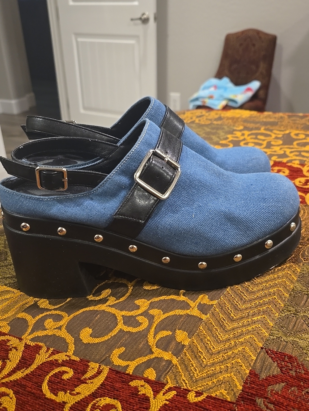 Blue Denim Slingback Clog with Studded Platform
